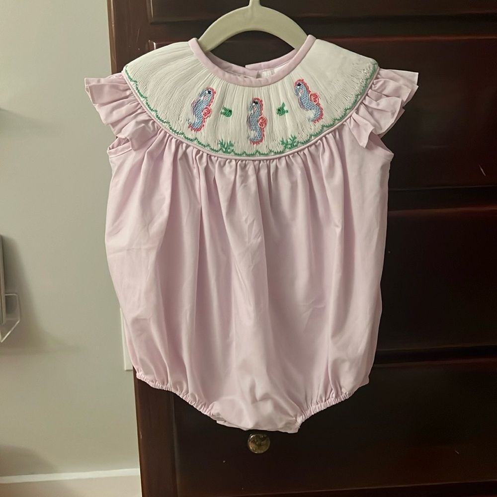 Stitchy fish baby girl smocked seahorse bubble